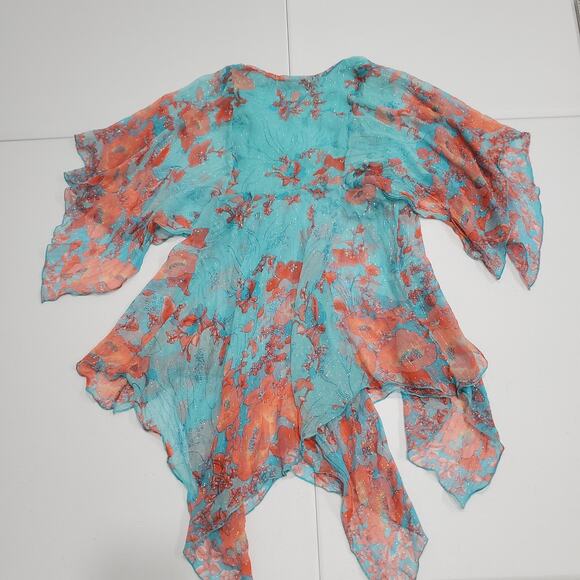 Y2K Fairy Grunge Marciano Top Women Large Turquoise Pink Sheer Flowy Metallic - Picture 3 of 9